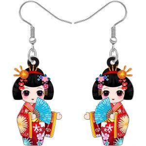 Kal-Boucles D'oreilles Pendantes En Acrylique Japonais, Kimono Kokeshi, Cadeau Kawaii Pour Les Amateurs Du Japon, Bijoux Fantaisie Pour Femme - Neuf