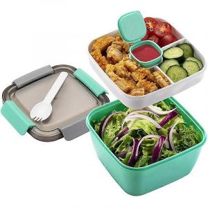 Récipient à lunch à emporter,bols à salade 1500Ml avec 3 compartiments,récipient à vinaigrettes pour salade T - Neuf