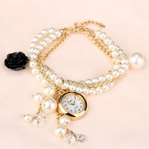 Faux Pearl Alloy Matériau Pendentif Cadran Quartz Mouvement Bracelet Montre Montre-Bracelet (Noir) - Neuf
