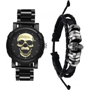 Eryi-Montre Homme Acier Inoxydable: Ensemble Bracelet Cuir Tressé Et Montre Bracelet Acier Cadran Crâne Tête De Mort Gothique Punk Analogique Quartz - Cadeau Halloween Et Accessoire Gothique - Neuf