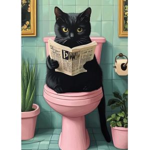 Ayuhr-Diamond Painting Drôle De Chat Noir, Peinture Diamant Chat De Salle De Bain, Diamant Painting Kit, Broderie Diamant Kit Complet Convient Pour La Décoration Murale À La Maison 30x40cm - Neuf