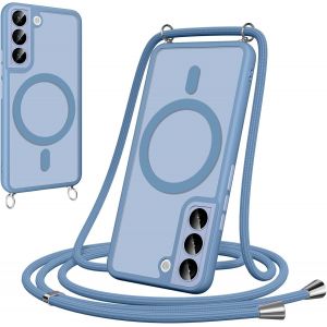 Maa-Coque Magnétique Pour Samsung Galaxy S22 Avec Cordon, [Compatible Avec Magsafe] Etui Translucide Mat Arrière Antichoc Réglable Portable Lanyard Case Protection, Bleu Clair - Neuf