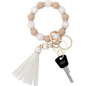 Kal-Bracelet Porte-Cl&eacute;s En Silicone Pour Femme, Bracelet &Eacute;lastique En Perles Avec Zircon Et Pompon Pour Cadeau De F&ecirc;te Des M&egrave;res - Neuf