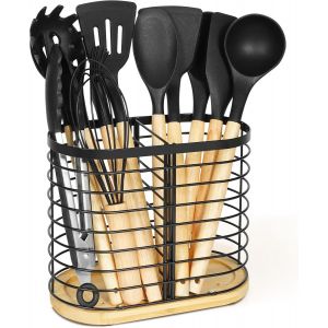 Porte-Ustensiles De Cuisine, Organisateur D'ustensiles De Comptoir De Cuisine, Pot &Agrave; Ustensiles En Acier Inoxydable Noir Avec Base En Bambou Pour Ustensiles De Cuisine De Ferme, Porte-Spatule, - Neuf