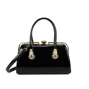 Sac &agrave; Main de Soir&eacute;e pour Femme Vernis avec Fermoir Bijou Facett&eacute; et Bandouli&egrave;re Gallantry Noir - Neuf