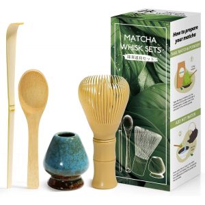 Kalanka-4 Pièces Matcha Kit Ceremonie Japonais, Jaune Fouet En Résine Chasen, Cuillère En Bambou, Pelle En Bambou, Porte-Fouet, Coffret Matcha Pour La Cérémonie Du Thé, La Boisson - Bleu Rêveux - Neuf