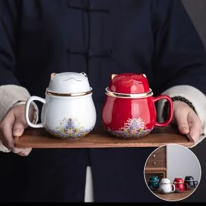 Tasse &Agrave; Th&eacute; En C&eacute;ramique Avec Motif De Chat Porte-Bonheur, Comprenant Un Infuseur Et Un Couvercle, Id&eacute;ale Pour Les Boissons D'&eacute;t&eacute; Et D'hiver, Parfaite Comme Cadeau D'anniversaire, De Vacances, - Neuf