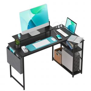 Bureau d'angle gaming en forme de L (100x70x75 cm) avec &eacute;tag&egrave;re pour &eacute;cran, prise &eacute;lectrique et port USB, finition bois noir - Neuf