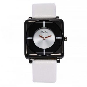 Mcykcy Double Miroir Cadran Rectangle Pu Montre À Quartz (Ceinture Blanche Cadran Noir) - Neuf