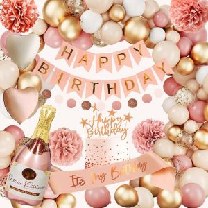 AYUHR-Decoration Anniversaire 18 Ans Fille, Ballon 18, Deco 18, Happy Birthday Decoration, Ballons Roses Rétro 18e Avec Banderole Joyeux Anniversaire Pour Fête Pour Filles - Neuf