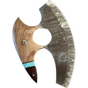 Couteau Ulu Artisanal avec Lame en Acier Damas, Manche en Bois et Insert Bleu (Marron Ulu-2) - Neuf