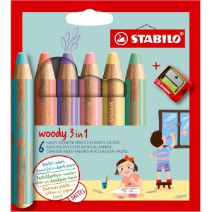 Eryi-Woody 3in1 - Crayon De Couleur - Etui Carton X 6 Crayons De Coloriage + 1 Taille Crayon - Coloris Pastel - Neuf