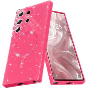 Sjzg-Coque Magn&eacute;tique Pour Samsung Galaxy S24 Ultra Etui &Agrave; Paillette Brillant Compatible Avec Magsafe Charge Sans Fil Housse Protection Antichoc Pour Appareil Photo Silicone Tpu Souple,Rouge Ros&eacute; - Neuf