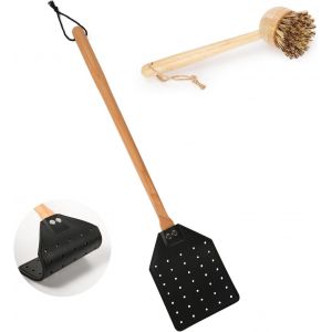 KALANKA-Tapette à Mouches en Cuir, Tapette à Mouches Robuste avec Brosse de Nettoyage Long Manche en Bois Portable Manuelle Tapette à Guêpes pour la Maison l'Intérieur et l'Extérieur (Noir) - Neuf