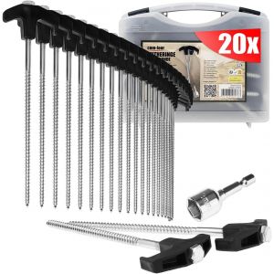 Eryi-® 20x Piquets De Tente En Acier Avec Adaptateur Pour Visseuse Sans Fil - Piquets À Vis Dans Une Boîte De Transport - Clous De Sol Robustes Avec Filetage Pour Le Camping Et L'extérieur - Neuf