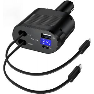 JGD-4 en 1 Chargeur Allume Cigare Voiture USB C 12V Chargeur Voiture C&acirc;ble R&eacute;tractable avec Double Type C 2 Ports USB pour iPhone 17 16 15 Samsung Galaxy S25 S24 Ultra S23 A15 A16 A17 A36 A55 A56 - Neuf