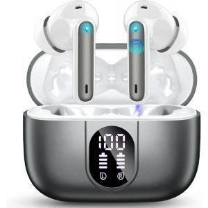 LORANKA-Ecouteurs Bluetooth sans Fil, &Eacute;couteurs Bluetooth 5.3 St&eacute;r&eacute;o Immersif avec 4 ENC Mic, 40H Oreillette Bluetooth avec &Eacute;cran LED, IP7 &Eacute;tanche Casque Bluetooth Contr&ocirc;le Tactile, Gris Acier - Neuf