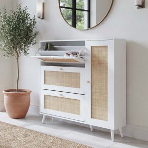 Meuble &agrave; chaussures basculant en rotin HWC-M37 127 &times; 120 &times; 24 cmblanc - Neuf