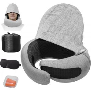Ulteronixshop-Coussin de voyage avion,Tour de cou avion avec capuche,Bouchons d'oreille avion,Masque de sommeil et Pochette de rangement&iquest;Oreiller de voyage ergonomique r&eacute;glable en mousse &agrave; m&eacute;moire de - Neuf