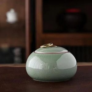 (Vert Prune Émaillé - Trompette 10,5 X 7,5 Cm) Petite Boîte À Thé En Céramique Chinoise Pour Toutes Sortes De Thés, Boîte De Rangement En Poterie Brute Pour Thé Pu'er, Style Moderne - Neuf