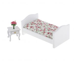 1/12 Dollhouse Miniature Bed Bedside Table Flower Set For Bedroom Accessory - Neuf