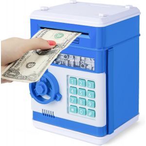 Tirelire électronique pour enfants de 3 à 12 ans, coffre-fort avec code, argent sûr, jouet, cadeau pour garçon et fille, bleu - Neuf