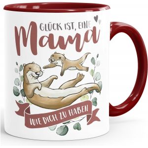 Eryi-® Tasse À Café « Glück Ist Eine Mama Wie Dich Zu Haben Besonderes Muttertagsgeschenk Otter » Avec Inscription En Allemand « Mama » - Rouge Bordeaux - Tasse En Céramique - Neuf