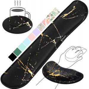 KALANKA-Repose Poignet Clavier, Reposes-Poignets Souris Ergonomique en Mousse à Mémoire, Support Tapis de Clavier Repose Gel Coude avec Base Antidérapant en PU pour Bureau Gamer, Marbre Noir Doré - Neuf