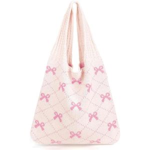 Beige à Crochet Avec Noeuds Roses,Sac à Main En Tricot,Sac Tricoté Pour Femmes,Grand Sac De Plage Esthétique Pour Femmes,Pour l'Été,Le Shopping Et La Vie Quotidienne - Neuf
