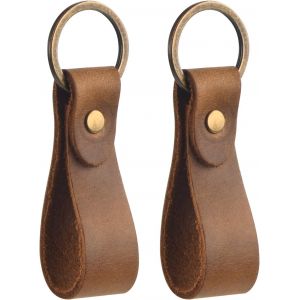 CAUC-Porte-Cl&eacute;s en Cuir Veritable Qualit&eacute;, 2Pcs Porte-Cl&eacute;s avec Lani&egrave;re en Cuir et Boucle de Cuivre, Anneaux Porte Cl&eacute; de Voiture Sangle en Cuir pour Homme Femme - Neuf