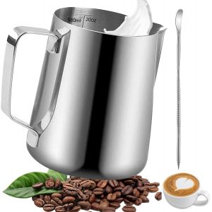 KAL-Pichet Lait Inox, 550Ml Pot À Lait Avec Lignes De Mesure Et Latte Art Pen, Milk Frother, Pichets-Mousseurs À Lait Pour Cappuccino, Expresso, Latte Art - Neuf