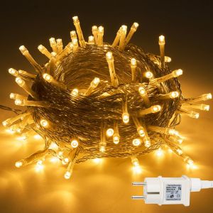 AIOU-Lot De 100 Lumières De Noël Led Pour L'Extérieur,10 M,8 Modes,Plug-In,Guirlande Lumineuse Étanche,Fil Transparent,Pour Décorations De Noël (Blanc Chaud) - Neuf