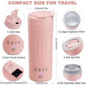 475Ml Bouilloire Electrique Portable, Mini Bouilloire Avec 4 Temp&eacute;ratures Pr&eacute;d&eacute;finies, Mug De Voyage Chauffant, Bouilloire En Acier Inoxydable Pour Th&eacute; Lait Caf&eacute;(Rose) - Neuf