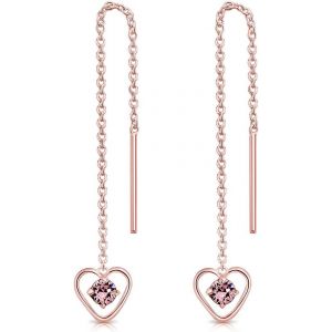 Kal-® Boucles D'oreilles Pendantes À Chaîne En Argent Fin 925 Plaqué Or Rose - Coeur Avec Mini 3 Mm Cristaux De Swarovski® Elements Ronds - Choix De Différentes Couleurs - Neuf