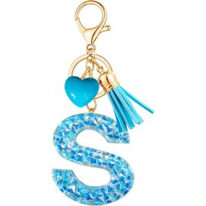 KAL-Porte-Cl&eacute;s Bleu Avec Lettre Porte-Cl&eacute;s Fille Initiale Cadeau Femmes Porte-Cl&eacute;s Coeur D&eacute;corer Pour Sac Sac &Agrave; Dos Porte-Clef Gland Or Porte-Clef Femme A-Z - Neuf