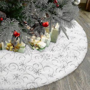 Jupe de sapin de No&euml;l en fausse fourrure blanche et argent&eacute;e de 122 cm avec d&eacute;coration en branches de vigne - Neuf