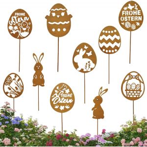 Mevronisshop-Piquet De Jardin En M&eacute;tal Rouill&eacute;,10 Pi&egrave;ces Piquets De Jardin De P&acirc;ques,Oeufs De P&acirc;ques Rouill&eacute;s,?Ufs De P&acirc;ques D&eacute;coration De Jardin En M&eacute;tal,Pour Ext&eacute;rieur Piquets De Rouille De Lapins - Neuf