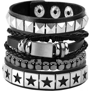 Kal-4pcs Punk Rock Cuir Pu Bracelet Homme Femme Gothique R&eacute;tro Vintage Manchette Noir R&eacute;glable - Neuf