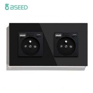 Bseed¿Prise Française À Paroi Unique,Double Prise D'Alimentation Avec Panneau En Verre Cristal Gloden Blanc Et Noir,16A,110V-250V.Double Type-C Black. - Neuf