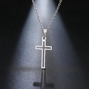 Collier Avec Pendentif Croix Chr&eacute;tienne En Acier Inoxydable Argent, Bijou Chr&eacute;tien Homme, Bijou Croix Femme, Bijou Catholique - Neuf