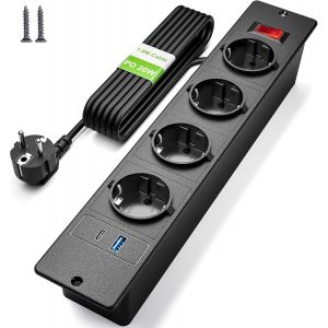 Multiprise Encastrable 4 Prises, Prise Encastrable Plan De Travail Avec Usb C Pd 20 W, Multiprise De Table Avec Interrupteur, Prise De Table Escamotable 2M Câble, Noir - Neuf