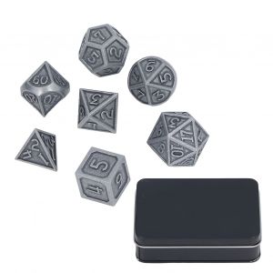 Ensemble de 7 des polyedriques en metal avec boite de rangement pour jeux de table, enseignement des mathematiques - Neuf