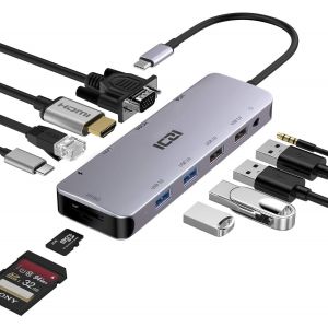 HUB USB C 11 en 1,Dock USB C vers HDMI 4K,VGA,4*USB A Ports,1*Type C PD 100W Port,SD/Micro SD,RJ45¿AUX 3.5mm,Muti Ports Stations d'accueil pour PC Portable,Adaptateur Mac pour Le Bureau.[M101] - Neuf