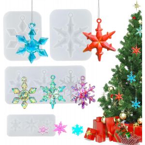 Lot De 4 Moules En Silicone En Forme De Flocon De Neige - Pendentif En R&eacute;sine &Eacute;poxy - Pendentif De No&euml;l - D&eacute;coration De No&euml;l - Ornements Suspendus - Moule En R&eacute;sine - Neuf