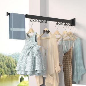 KGABERY-Séchoir À Linge Mural Rétractable Avec Crochets,Facile Installer,Forte Capacité De Charge,Tri-Pliable Pour Balcon,Salle Bain,Chambre Coucher (2 Tringles),2 Collapsible Rods - Neuf