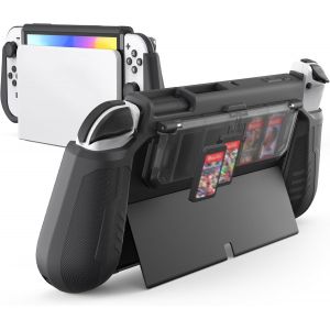 Hljhj-Dockable Coque Compatible Avec Nintendo Switch Oled Modèle 2021, Avec Porte-Cartes De Jeu Flip Design, Coque Ergonomique Confort En Tpu Grip Pour Switch Oled Console Et Joy-Cons, Noir - Neuf