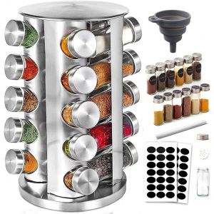 Jexnovashop-Pr&eacute;sentoir &Agrave; &Eacute;pices,360&deg;&Eacute;tag&egrave;res Rotatives,430 Acier Inoxydable Carrousel,Support De Stockage D'&eacute;pices,20 Pots En Verre &Eacute;paissis Avec Capuchon,Porte-&Eacute;pices, Rangement Autonome Pour La Cui - Neuf