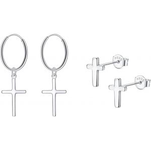 2 Paires Boucles D'oreilles En Argent 925 Creoles Boucles D'oreilles Créoles Croix Clous D'oreilles Argent Pendantes Boucles D'oreilles Argent Pour Femme Filles Homme - Neuf