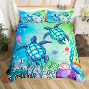 Parure De Lit Motif Tortue De Mer, Housse De Couette, Taies D'oreiller, Motif Animal De L'océan, Motif Tortue, Queen Size, Twin, Enfants, Textile De Maison, Carte, Corail, Housse De Couette, King Size - Neuf