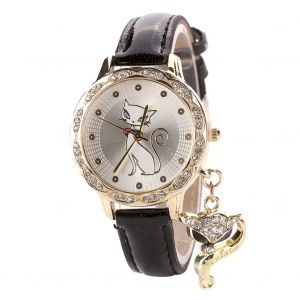 Montre A Quartz Tendance Avec Bracelet En Cuir Synthetique Et Pendentif En Strass, Motif Chat Mignon (Noir) - Neuf
